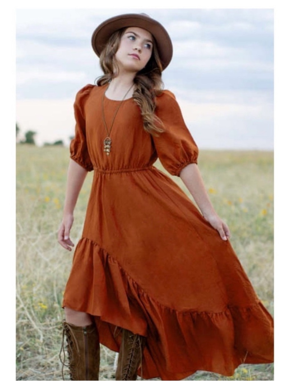 Joyfolie Girls size 8 Rust Brown High-Low Puff Sleeve Maxi Dress